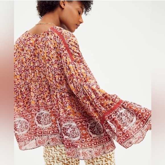 Free People Tiered Kimono Tie Front Orange Red Pattern Flowy Lightweight Blouse - Picture 2 of 14